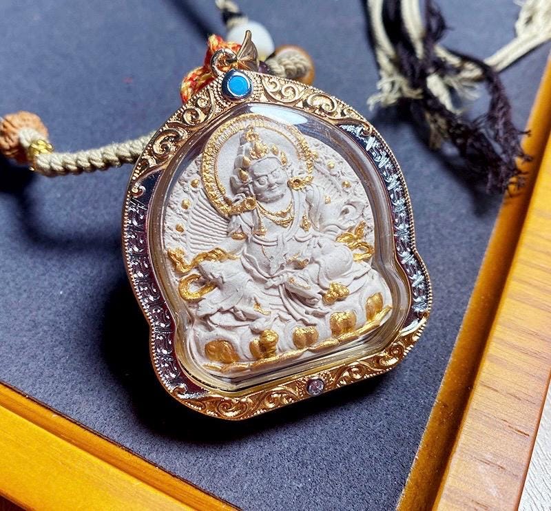 Handpainted Yellow Jambhala Medicine Budda Thangka Necklace, Tsatsa Gau Box Pendant with Incense Ash, Tibetan Buddhist Jewelry, Gift for Him