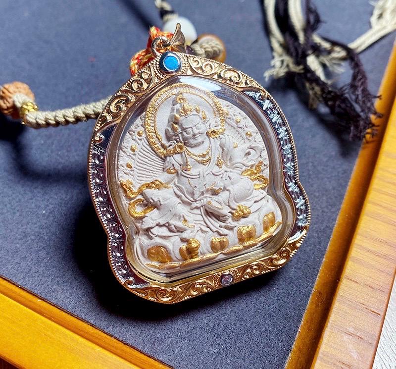 Handpainted Yellow Jambhala Medicine Budda Thangka Necklace, Tsatsa Gau Box Pendant with Incense Ash, Tibetan Buddhist Jewelry, Gift for Him