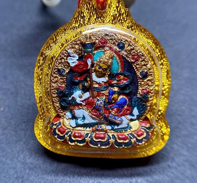Hand Painted Mineral Pigment Vaisravana Tsa Tsa Pendant, Tibetan Buddhist Jewelry, Wealth God Necklace, Thangka Style Amulet, Spiritual Gift