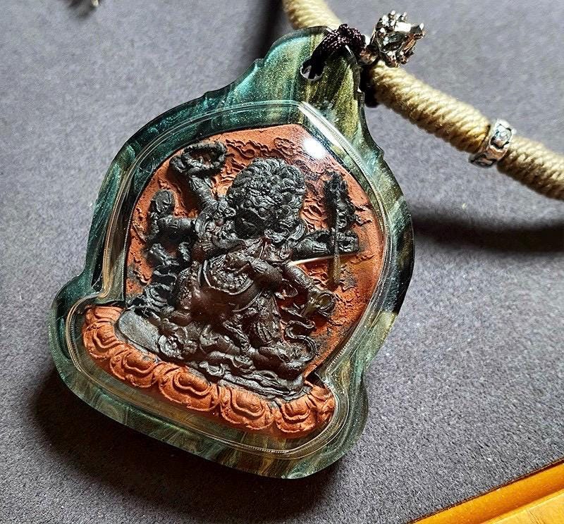 Tibetan Mahakala Tsa-Tsa Pendant, Hand-Painted 6-Arm Daheitian Buddhist Amulet, Gau Box Necklace with Amrita & Five-Color Grains, Zen Gift