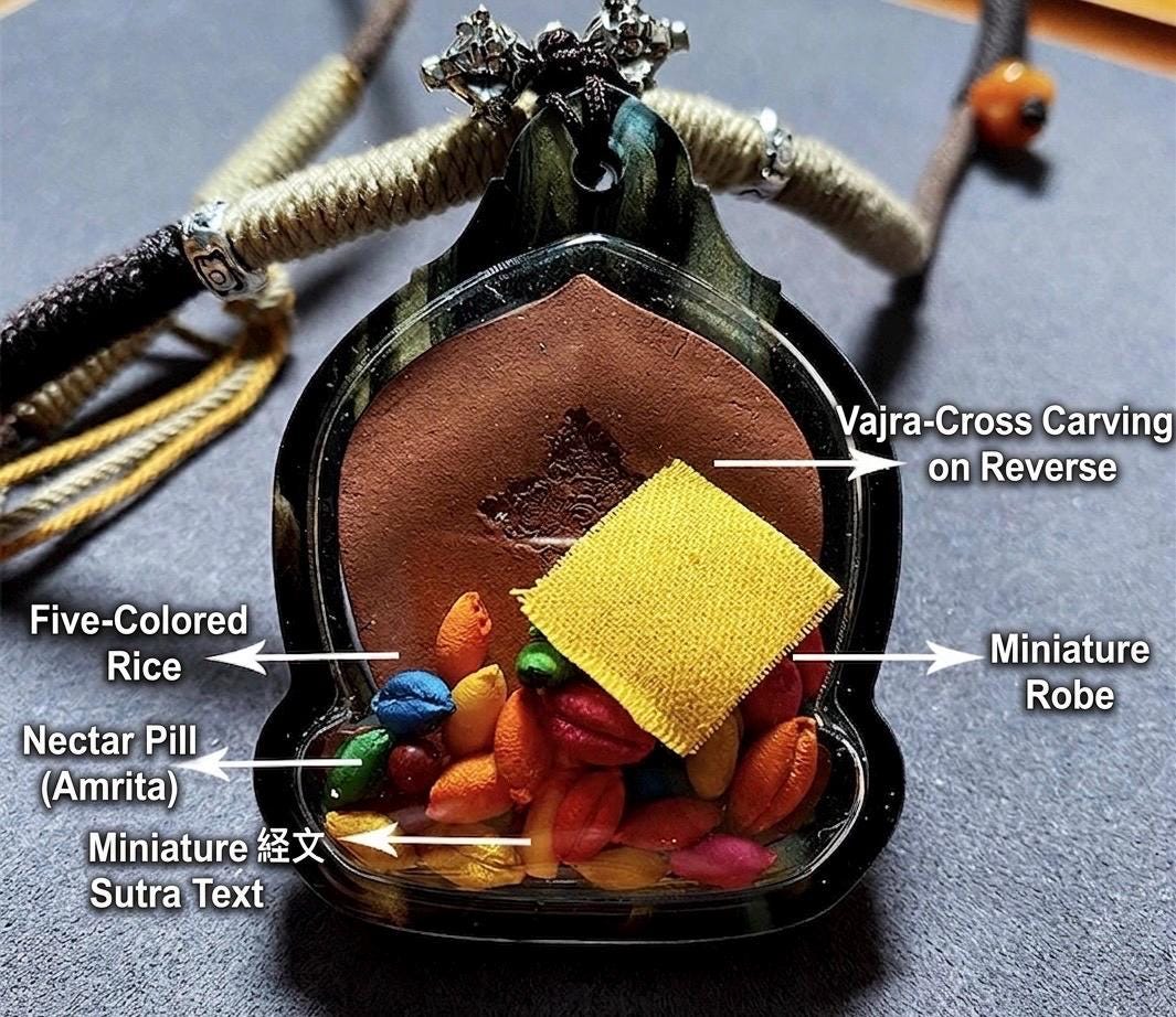 Tibetan Mahakala Tsa-Tsa Pendant, Hand-Painted 6-Arm Daheitian Buddhist Amulet, Gau Box Necklace with Amrita & Five-Color Grains, Zen Gift