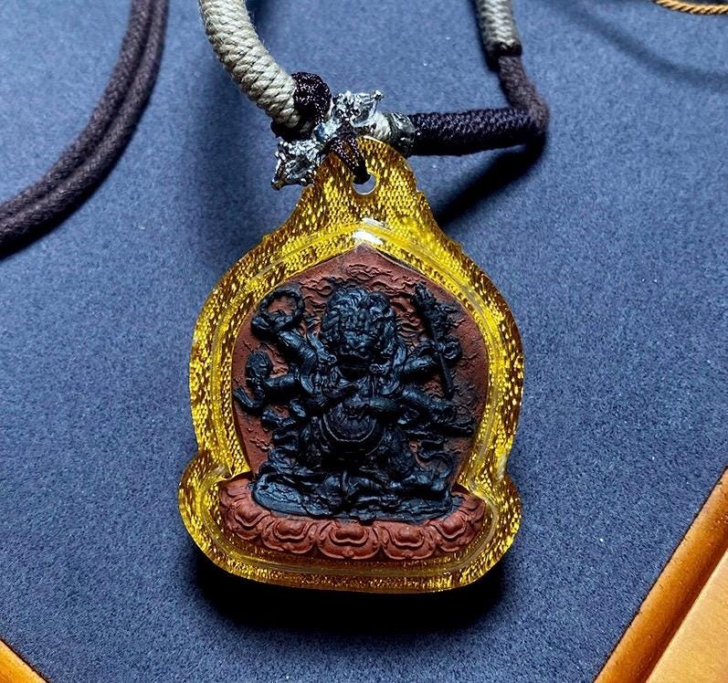 Tibetan Mahakala Tsa-Tsa Pendant, Hand-Painted 6-Arm Daheitian Buddhist Amulet, Gau Box Necklace with Amrita & Five-Color Grains, Zen Gift