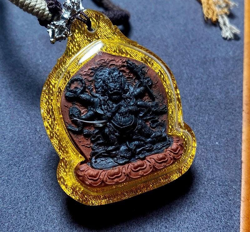 Tibetan Mahakala Tsa-Tsa Pendant, Hand-Painted 6-Arm Daheitian Buddhist Amulet, Gau Box Necklace with Amrita & Five-Color Grains, Zen Gift
