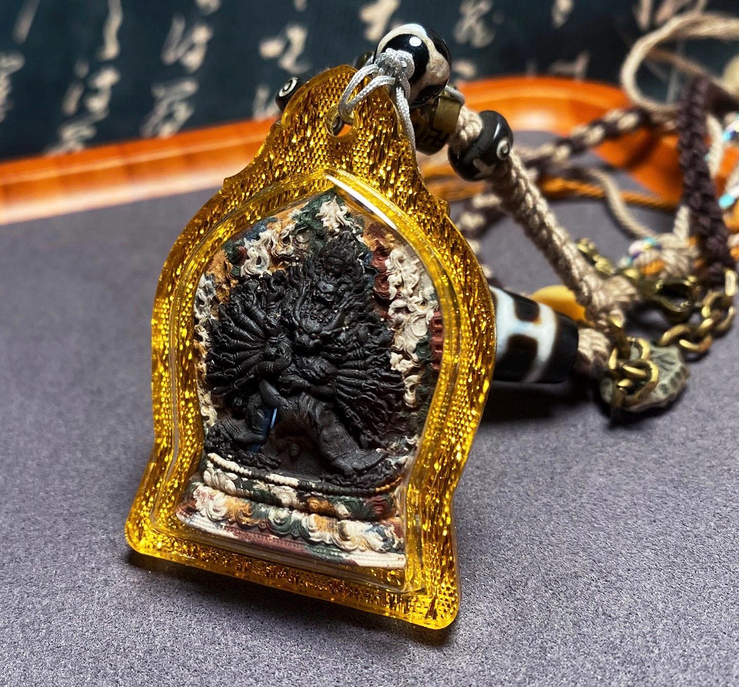 Handmade Yamantaka Tsa Tsa Pendant, Multi-color Tibetan Clay Buddha, Vajrabhairava Gau Box, Buddhist Amulet, Religious Jewelry