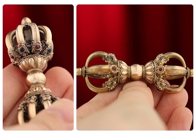 Portable Five Nine Spoke Vajra Bell Set, Hand-Cast Brass Ghanta & Dorje for Meditation, Tibetan Buddhist Ritual Set, Altarpiece Gift