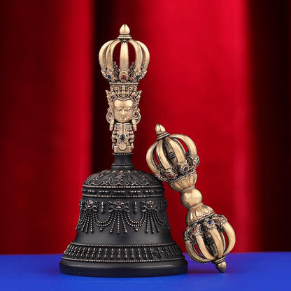 Portable Five Nine Spoke Vajra Bell Set, Hand-Cast Brass Ghanta & Dorje for Meditation, Tibetan Buddhist Ritual Set, Altarpiece Gift