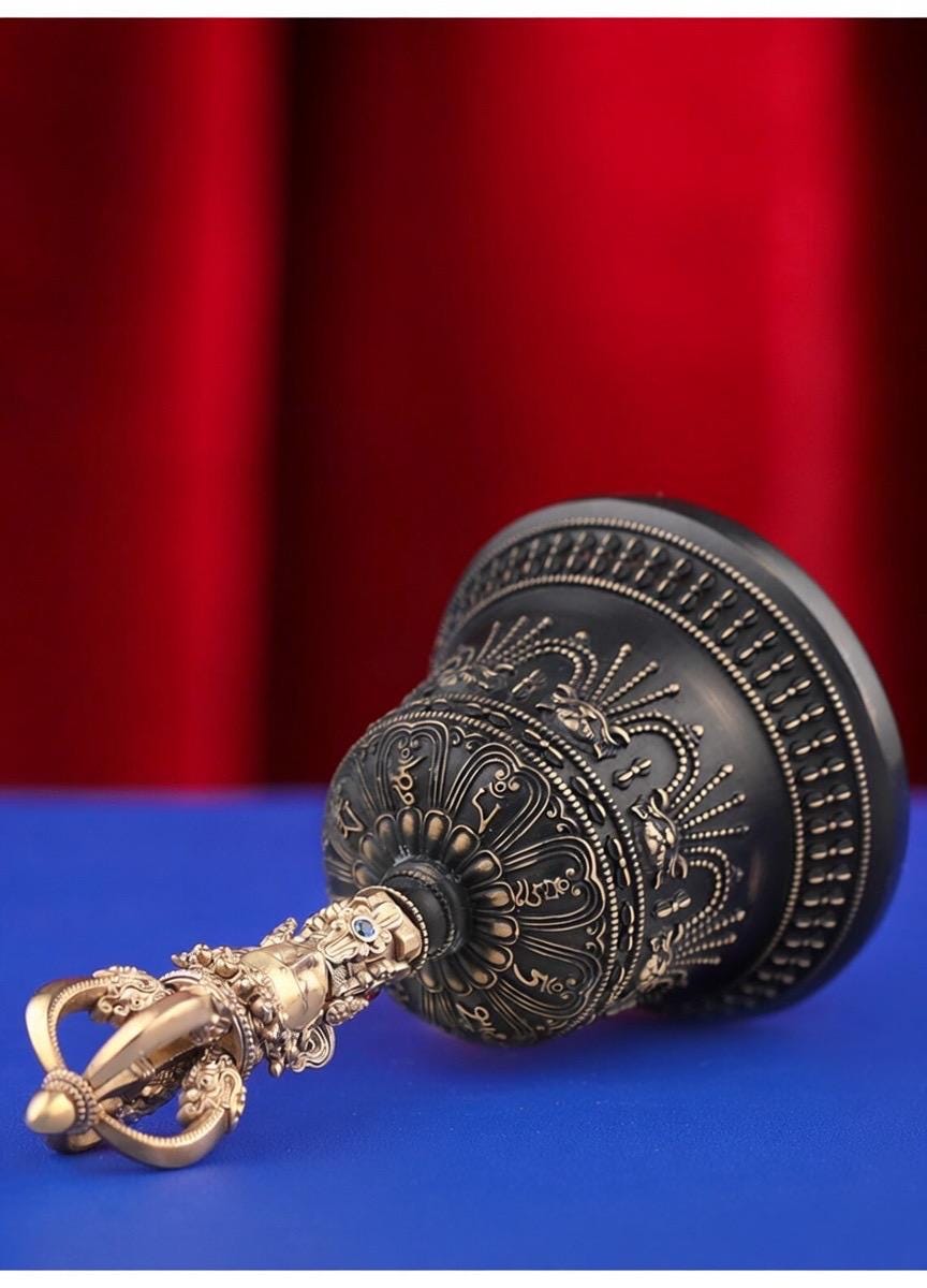 Portable Five Nine Spoke Vajra Bell Set, Hand-Cast Brass Ghanta & Dorje for Meditation, Tibetan Buddhist Ritual Set, Altarpiece Gift