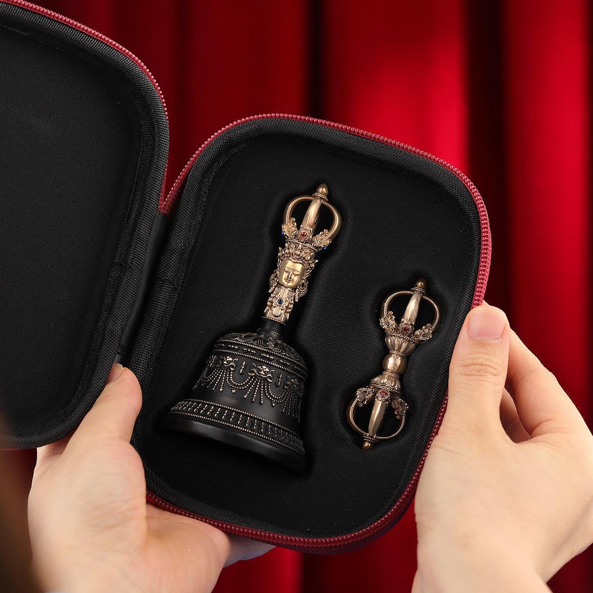 Portable Five Nine Spoke Vajra Bell Set, Hand-Cast Brass Ghanta & Dorje for Meditation, Tibetan Buddhist Ritual Set, Altarpiece Gift