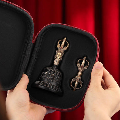 Portable Five Nine Spoke Vajra Bell Set, Hand-Cast Brass Ghanta & Dorje for Meditation, Tibetan Buddhist Ritual Set, Altarpiece Gift