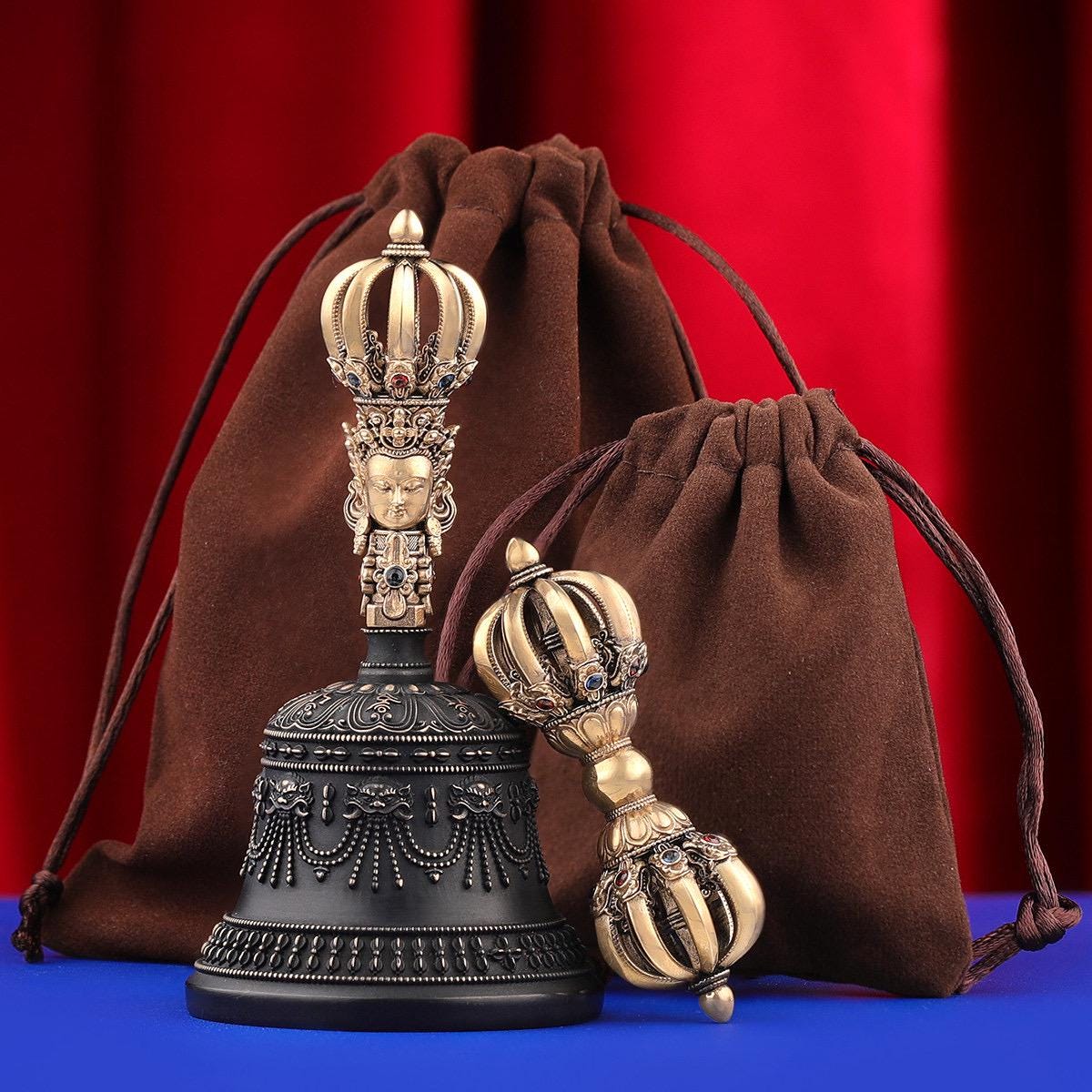 Portable Five Nine Spoke Vajra Bell Set, Hand-Cast Brass Ghanta & Dorje for Meditation, Tibetan Buddhist Ritual Set, Altarpiece Gift