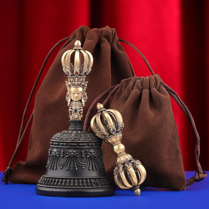 Portable Five Nine Spoke Vajra Bell Set, Hand-Cast Brass Ghanta & Dorje for Meditation, Tibetan Buddhist Ritual Set, Altarpiece Gift
