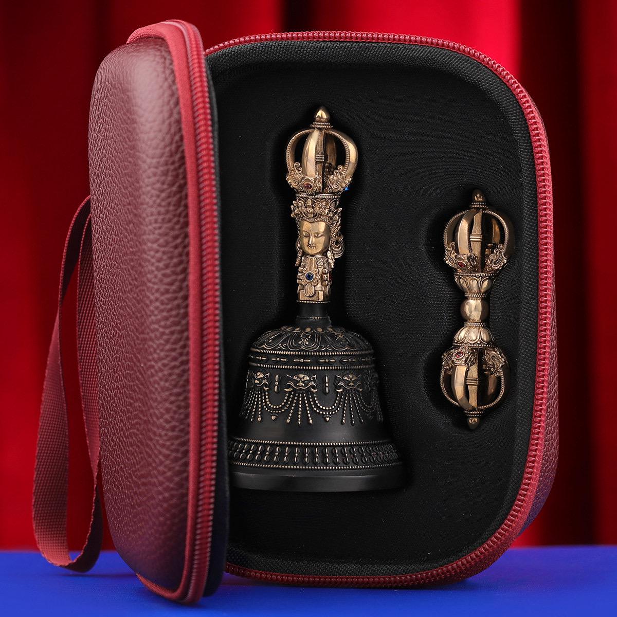 Portable Five Nine Spoke Vajra Bell Set, Hand-Cast Brass Ghanta & Dorje for Meditation, Tibetan Buddhist Ritual Set, Altarpiece Gift