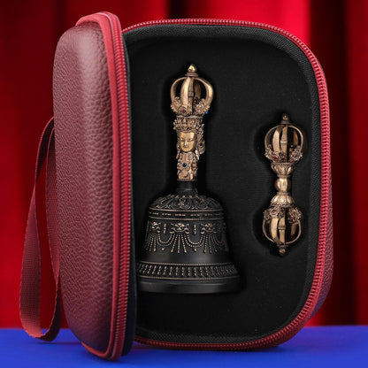 Portable Five Nine Spoke Vajra Bell Set, Hand-Cast Brass Ghanta & Dorje for Meditation, Tibetan Buddhist Ritual Set, Altarpiece Gift