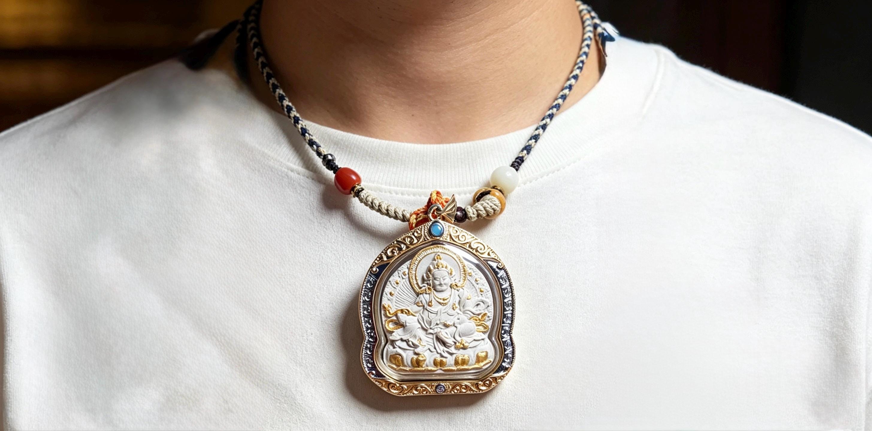 Handpainted Yellow Jambhala Medicine Budda Thangka Necklace, Tsatsa Gau Box Pendant with Incense Ash, Tibetan Buddhist Jewelry, Gift for Him