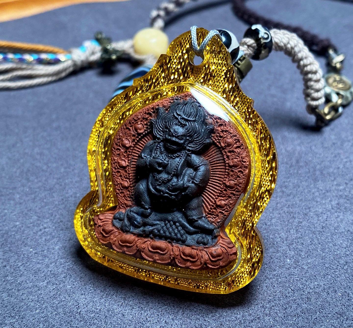 Black Jambhala Mixed-Color Tsa Tsa Gawu Box Pendant, Tibetan Medicine Clay Shrines Necklace, Tantric Buddhism Amulet, Religious Jewelry Gift