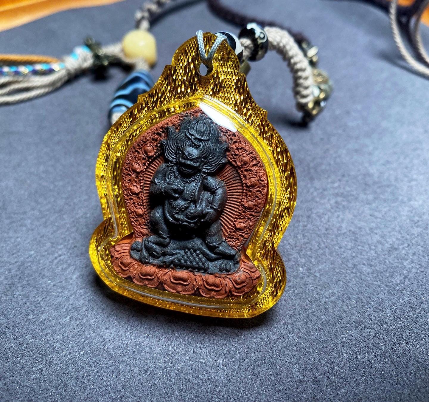 Black Jambhala Mixed-Color Tsa Tsa Gawu Box Pendant, Tibetan Medicine Clay Shrines Necklace, Tantric Buddhism Amulet, Religious Jewelry Gift