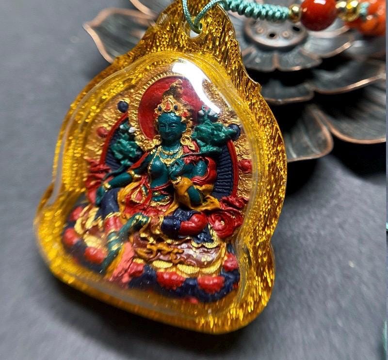 Hand-painted Green Tara Thangka Necklace, Natural Mineral Pigments Medicinal Clay Tsa Tsa Pendant, Tibetan Buddhist Amulet Jewelry