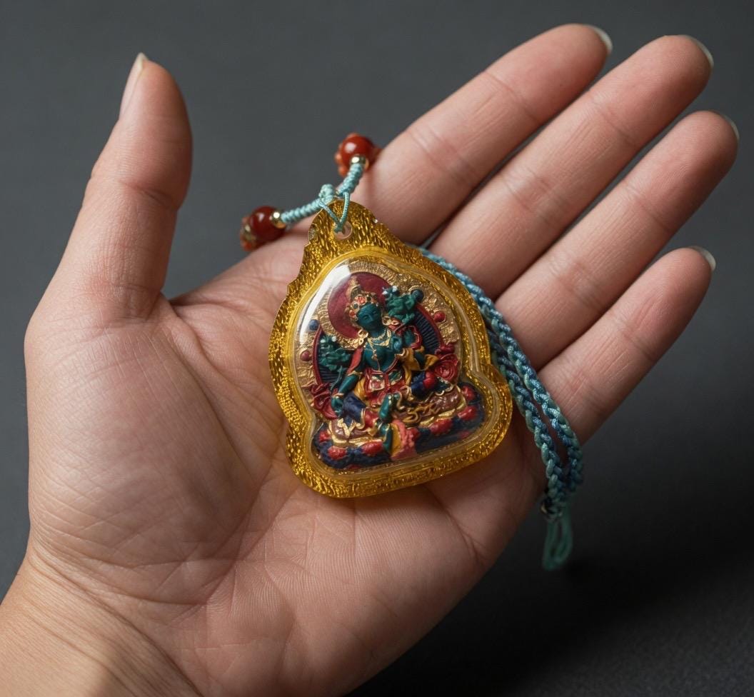 Hand-painted Green Tara Thangka Necklace, Natural Mineral Pigments Medicinal Clay Tsa Tsa Pendant, Tibetan Buddhist Amulet Jewelry
