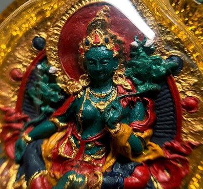 Hand-painted Green Tara Thangka Necklace, Natural Mineral Pigments Medicinal Clay Tsa Tsa Pendant, Tibetan Buddhist Amulet Jewelry