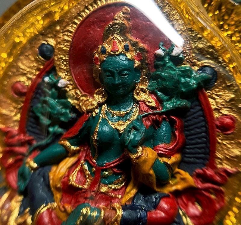 Hand-painted Green Tara Thangka Necklace, Natural Mineral Pigments Medicinal Clay Tsa Tsa Pendant, Tibetan Buddhist Amulet Jewelry