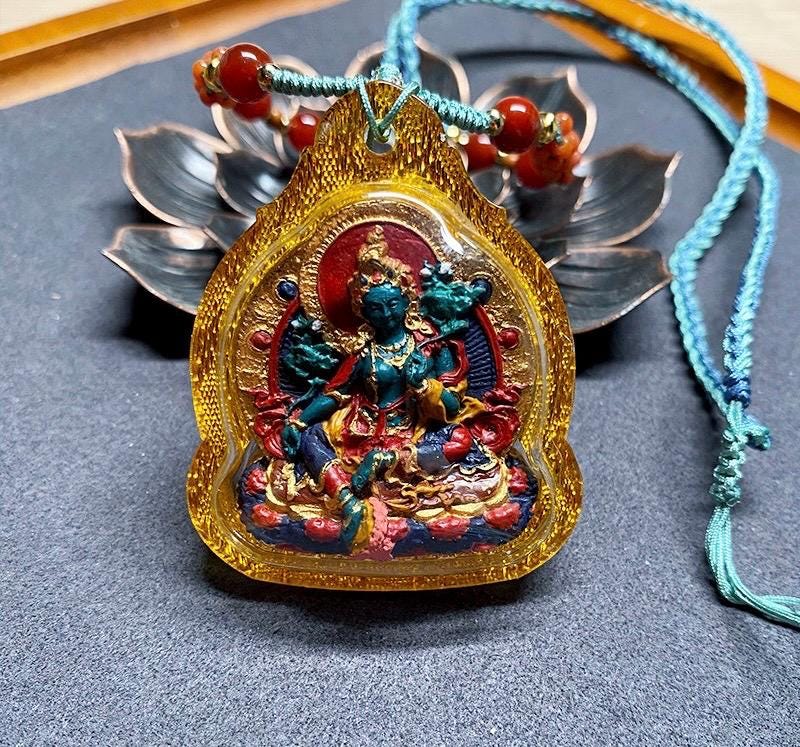 Hand-painted Green Tara Thangka Necklace, Natural Mineral Pigments Medicinal Clay Tsa Tsa Pendant, Tibetan Buddhist Amulet Jewelry