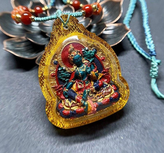 Hand-painted Green Tara Thangka Necklace, Natural Mineral Pigments Medicinal Clay Tsa Tsa Pendant, Tibetan Buddhist Amulet Jewelry