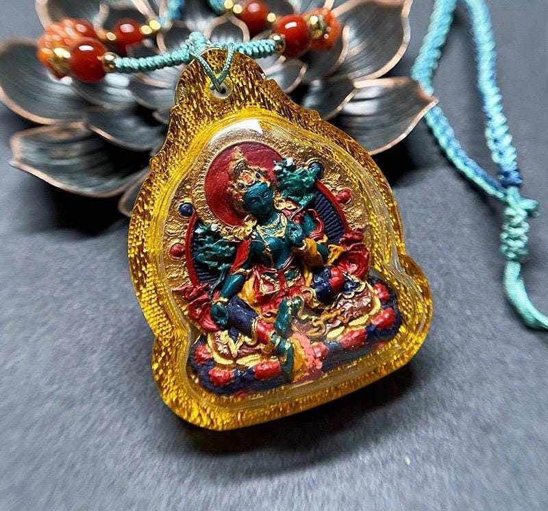 Hand-painted Green Tara Thangka Necklace, Natural Mineral Pigments Medicinal Clay Tsa Tsa Pendant, Tibetan Buddhist Amulet Jewelry