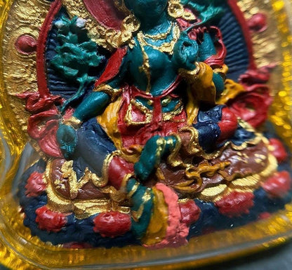 Hand-painted Green Tara Thangka Necklace, Natural Mineral Pigments Medicinal Clay Tsa Tsa Pendant, Tibetan Buddhist Amulet Jewelry