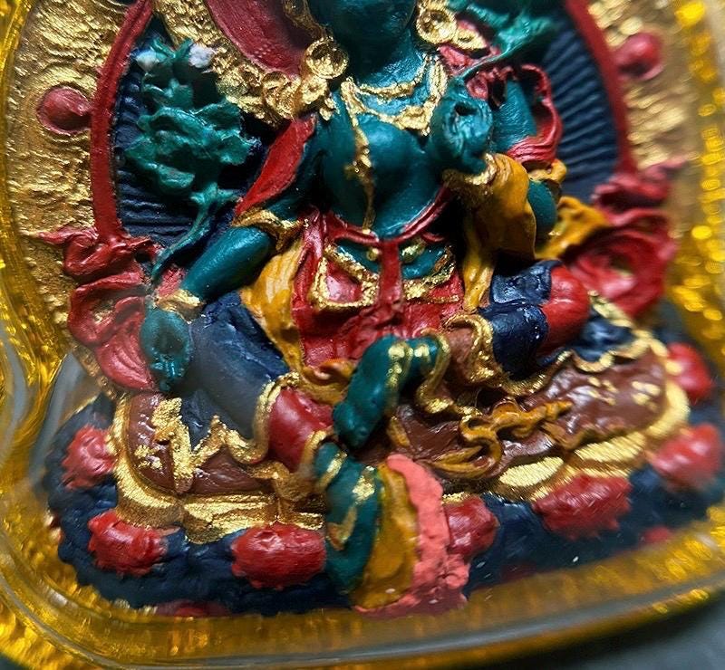 Hand-painted Green Tara Thangka Necklace, Natural Mineral Pigments Medicinal Clay Tsa Tsa Pendant, Tibetan Buddhist Amulet Jewelry