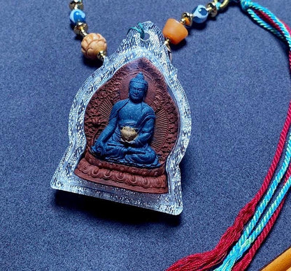 Medicine Buddha Pendant, Tibetan Gau Box Necklace with Tsa Tsa Mini Thangka, Buddhist Protection Amulet, Spiritual Zen Jewelry, Zang Shuo