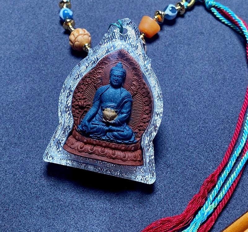 Medicine Buddha Pendant, Tibetan Gau Box Necklace with Tsa Tsa Mini Thangka, Buddhist Protection Amulet, Spiritual Zen Jewelry, Zang Shuo