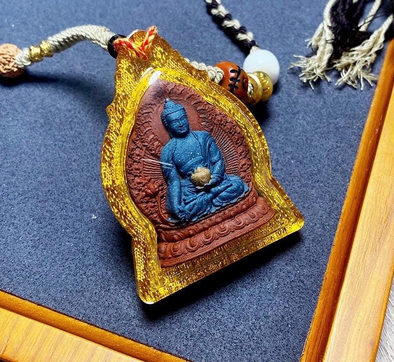 Medicine Buddha Pendant, Tibetan Gau Box Necklace with Tsa Tsa Mini Thangka, Buddhist Protection Amulet, Spiritual Zen Jewelry, Zang Shuo
