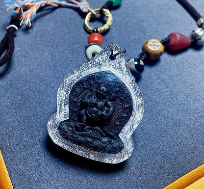 Black Jambhala Medicine Tsa Tsa Pendant, Tibetan Buddhism Gau Box Necklace, Mini Thangka Amulet, Kubera God of Wealth, Spiritual Monk Gift