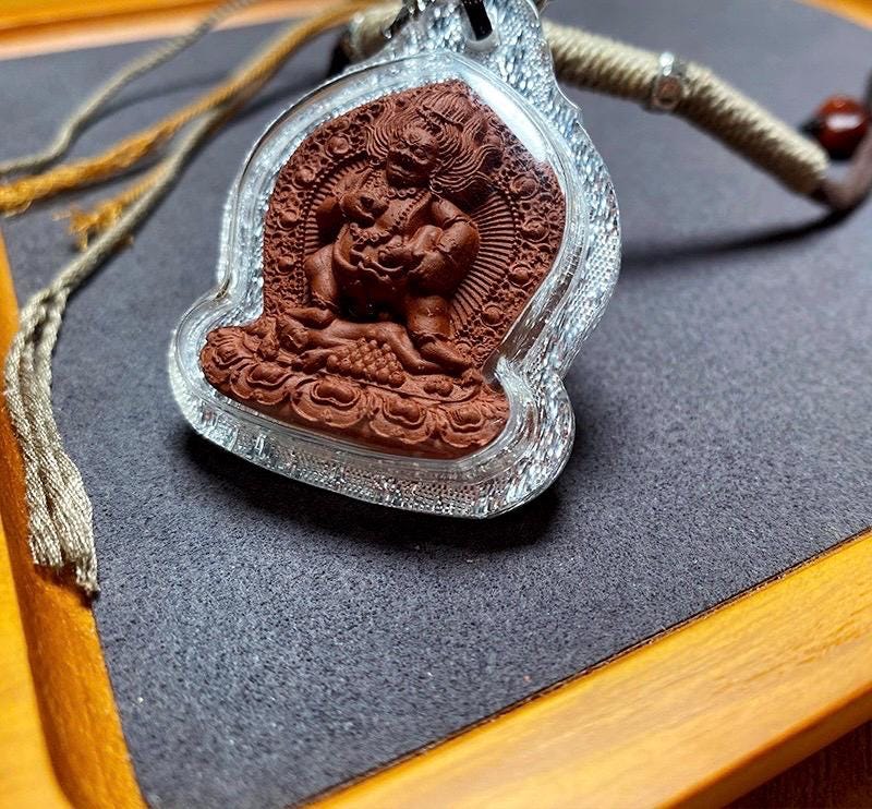 Black Jambhala Medicine Tsa Tsa Pendant, Tibetan Buddhism Gau Box Necklace, Mini Thangka Amulet, Kubera God of Wealth, Spiritual Monk Gift