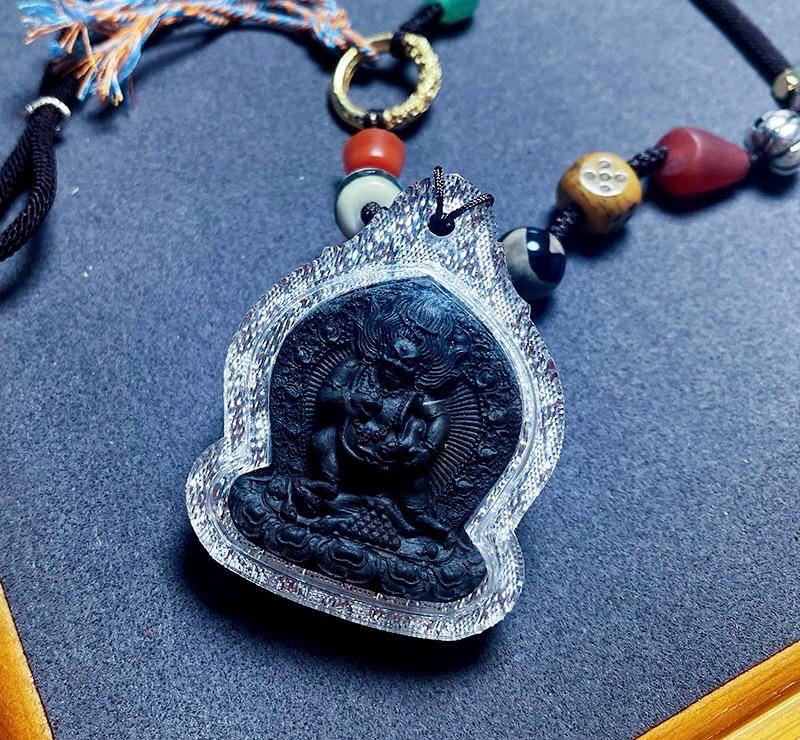 Black Jambhala Medicine Tsa Tsa Pendant, Tibetan Buddhism Gau Box Necklace, Mini Thangka Amulet, Kubera God of Wealth, Spiritual Monk Gift