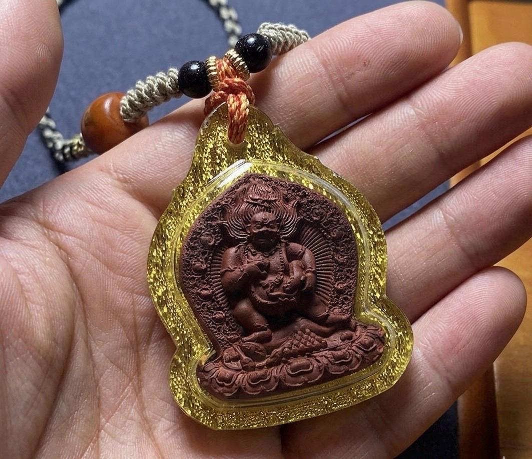 Black Jambhala Medicine Tsa Tsa Pendant, Tibetan Buddhism Gau Box Necklace, Mini Thangka Amulet, Kubera God of Wealth, Spiritual Monk Gift