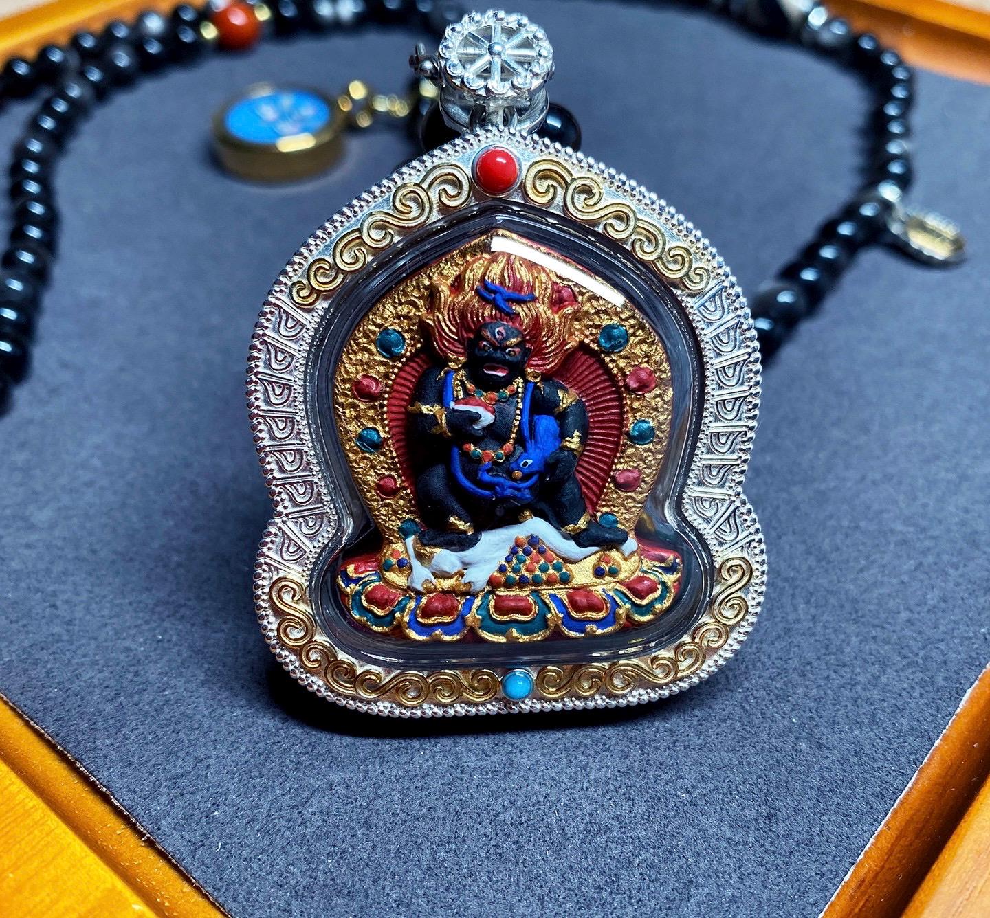 Hand-painted Black Jambhala Medicine Tsatsa Pendant, Sterling Silver Gau Box Necklace, Tibetan Buddhist Mineral Pigment Art