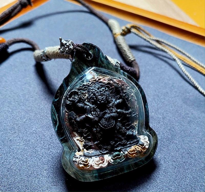 Tibetan Mahakala Six-Armed Deity Clay Amulet Pendant, Handmade Medicinal Paste Gau Box, Buddhist Art Tsa Tsa, Unique Spiritual Jewelry Gift