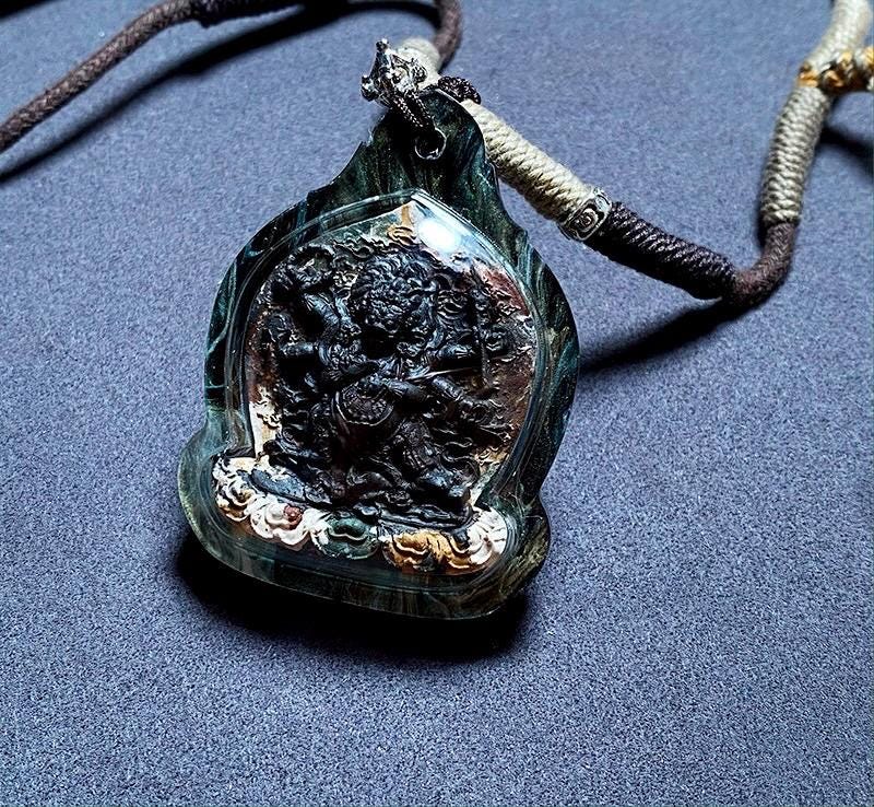 Tibetan Mahakala Six-Armed Deity Clay Amulet Pendant, Handmade Medicinal Paste Gau Box, Buddhist Art Tsa Tsa, Unique Spiritual Jewelry Gift