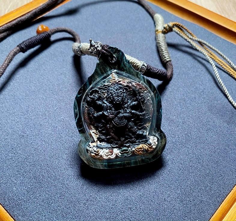 Tibetan Mahakala Six-Armed Deity Clay Amulet Pendant, Handmade Medicinal Paste Gau Box, Buddhist Art Tsa Tsa, Unique Spiritual Jewelry Gift