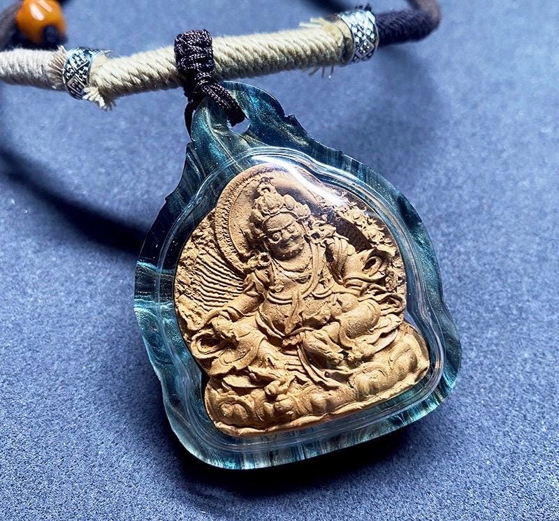 Tibetan Yellow Jambhala Medicine Tsa Tsa Pendant Necklace, Handcrafted Gau Box Amulet, Buddhist Buddha Statue Thangka Charm, Spiritual Gift