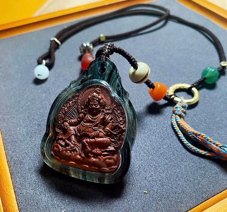 Tibetan Yellow Jambhala Medicine Tsa Tsa Pendant Necklace, Handcrafted Gau Box Amulet, Buddhist Buddha Statue Thangka Charm, Spiritual Gift