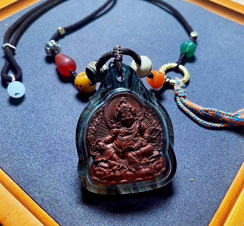 Tibetan Yellow Jambhala Medicine Tsa Tsa Pendant Necklace, Handcrafted Gau Box Amulet, Buddhist Buddha Statue Thangka Charm, Spiritual Gift