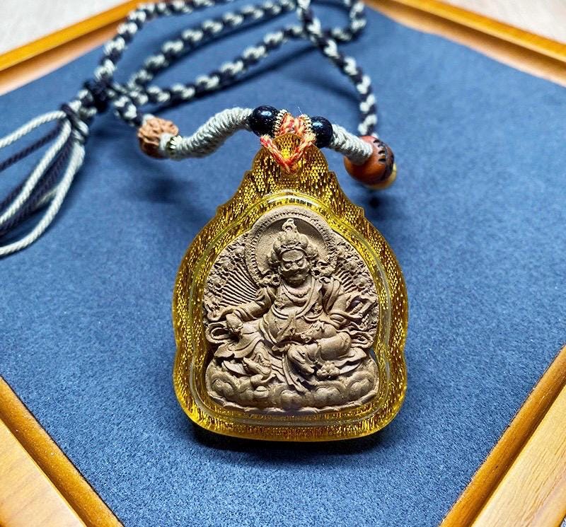 Tibetan Yellow Jambhala Medicine Tsa Tsa Pendant Necklace, Handcrafted Gau Box Amulet, Buddhist Buddha Statue Thangka Charm, Spiritual Gift
