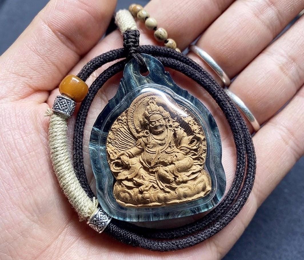 Tibetan Yellow Jambhala Medicine Tsa Tsa Pendant Necklace, Handcrafted Gau Box Amulet, Buddhist Buddha Statue Thangka Charm, Spiritual Gift
