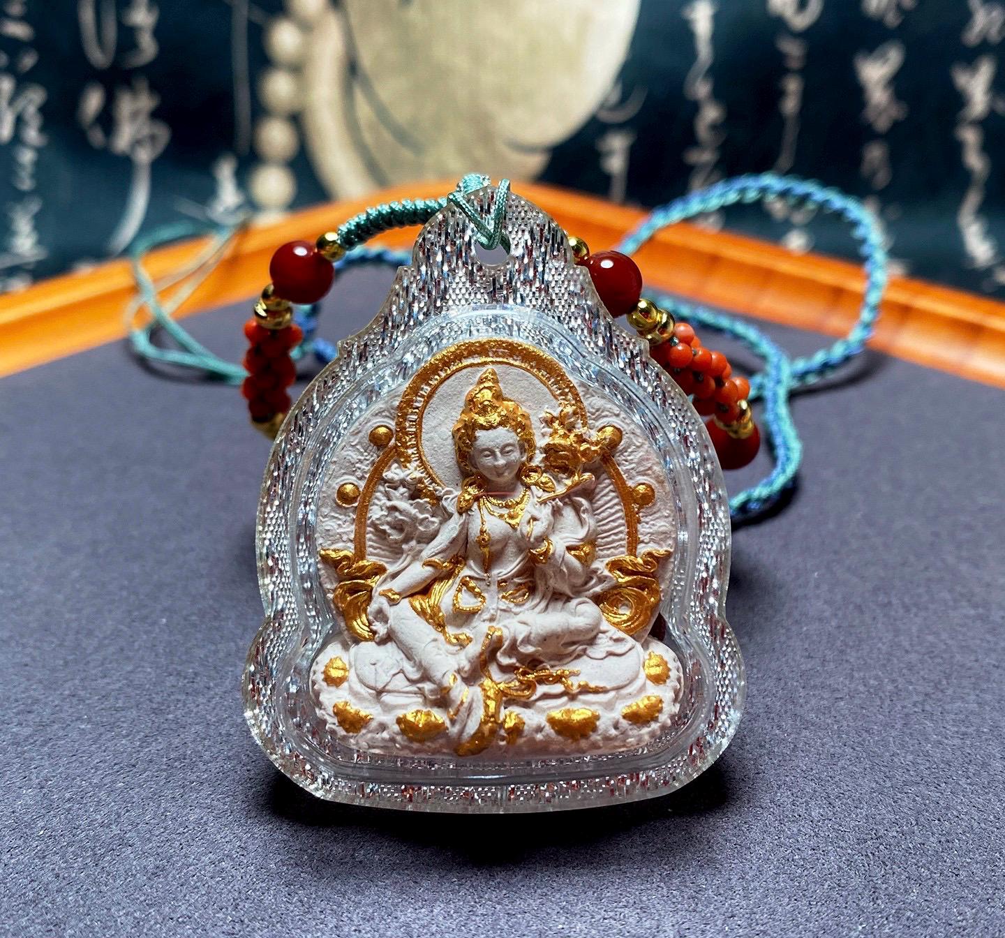 Green Tara Tibetan Tsa Tsa Pendant, Hand-Painted Incense Ash Amulet, Buddhist Spiritual Necklace, Thangka Style Jewelry, Protection Gift