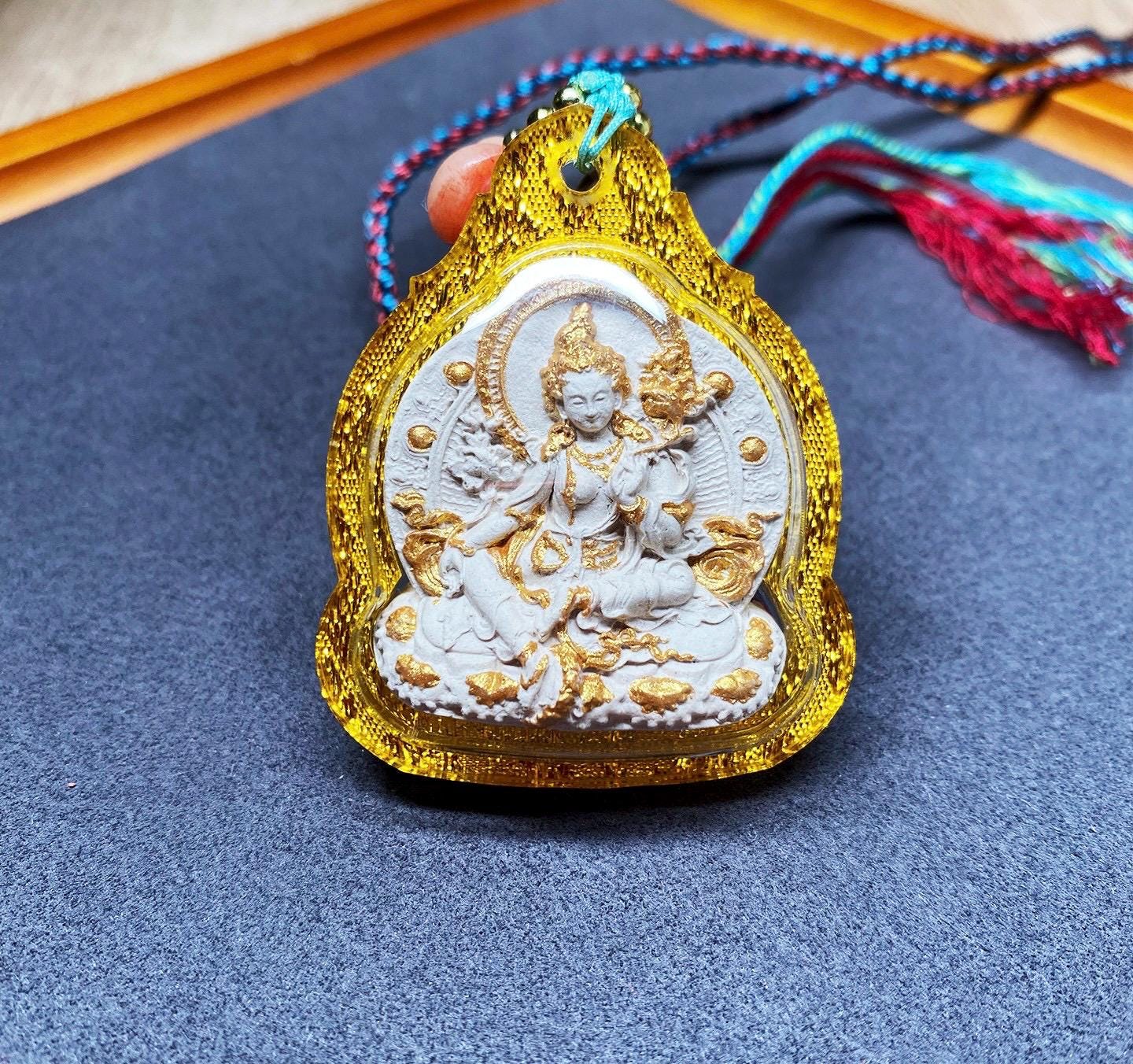 Green Tara Tibetan Tsa Tsa Pendant, Hand-Painted Incense Ash Amulet, Buddhist Spiritual Necklace, Thangka Style Jewelry, Protection Gift