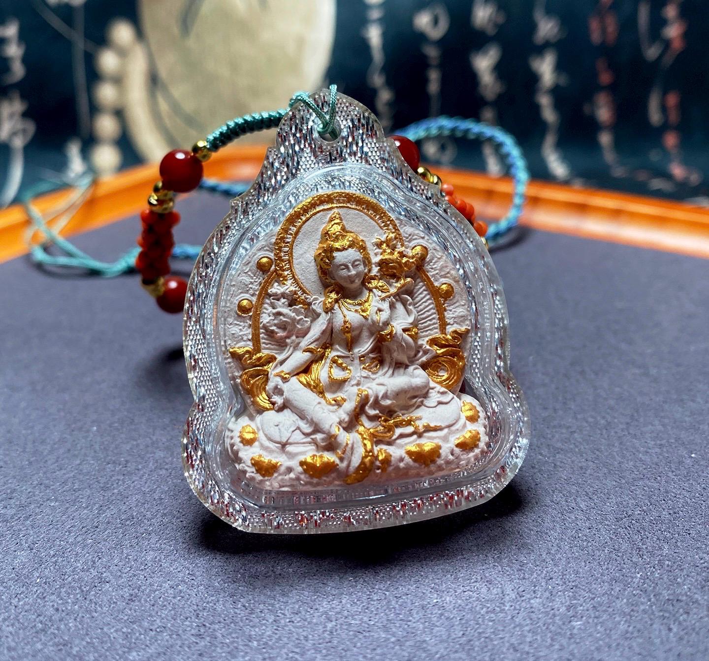Green Tara Tibetan Tsa Tsa Pendant, Hand-Painted Incense Ash Amulet, Buddhist Spiritual Necklace, Thangka Style Jewelry, Protection Gift