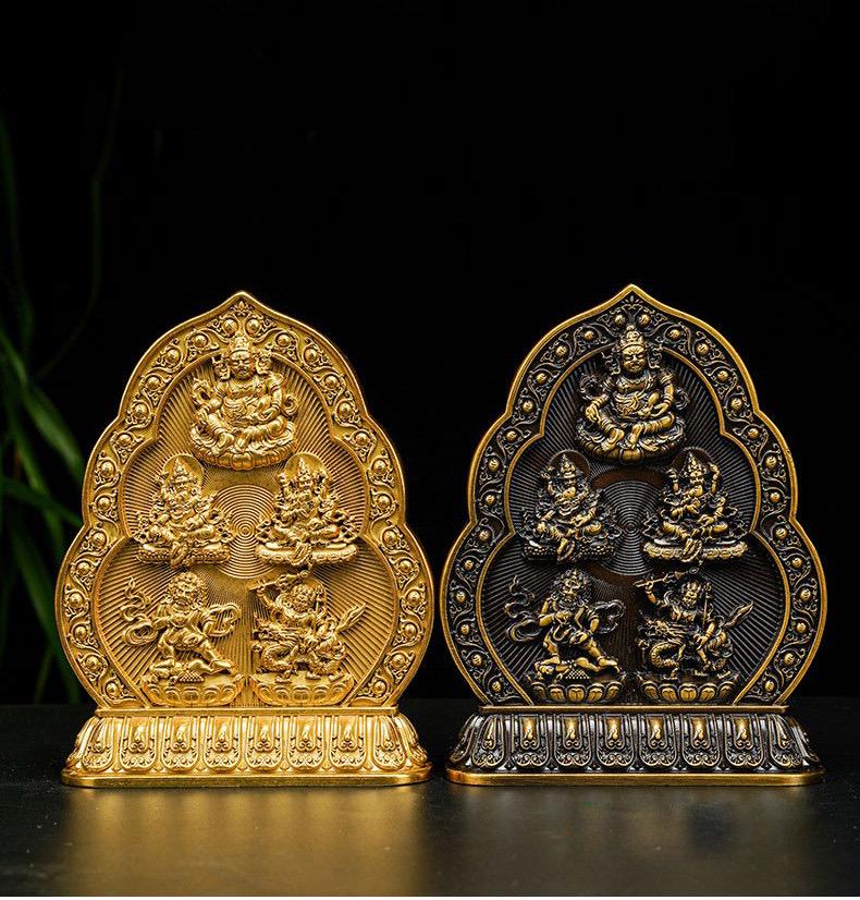 Five Wealth Gods Brass Offering Bowl Set, Buddhist Water Cups for Altar, Yellow Jambhala Puja Supplies, Zen Home Decor, Feng Shui Gift
