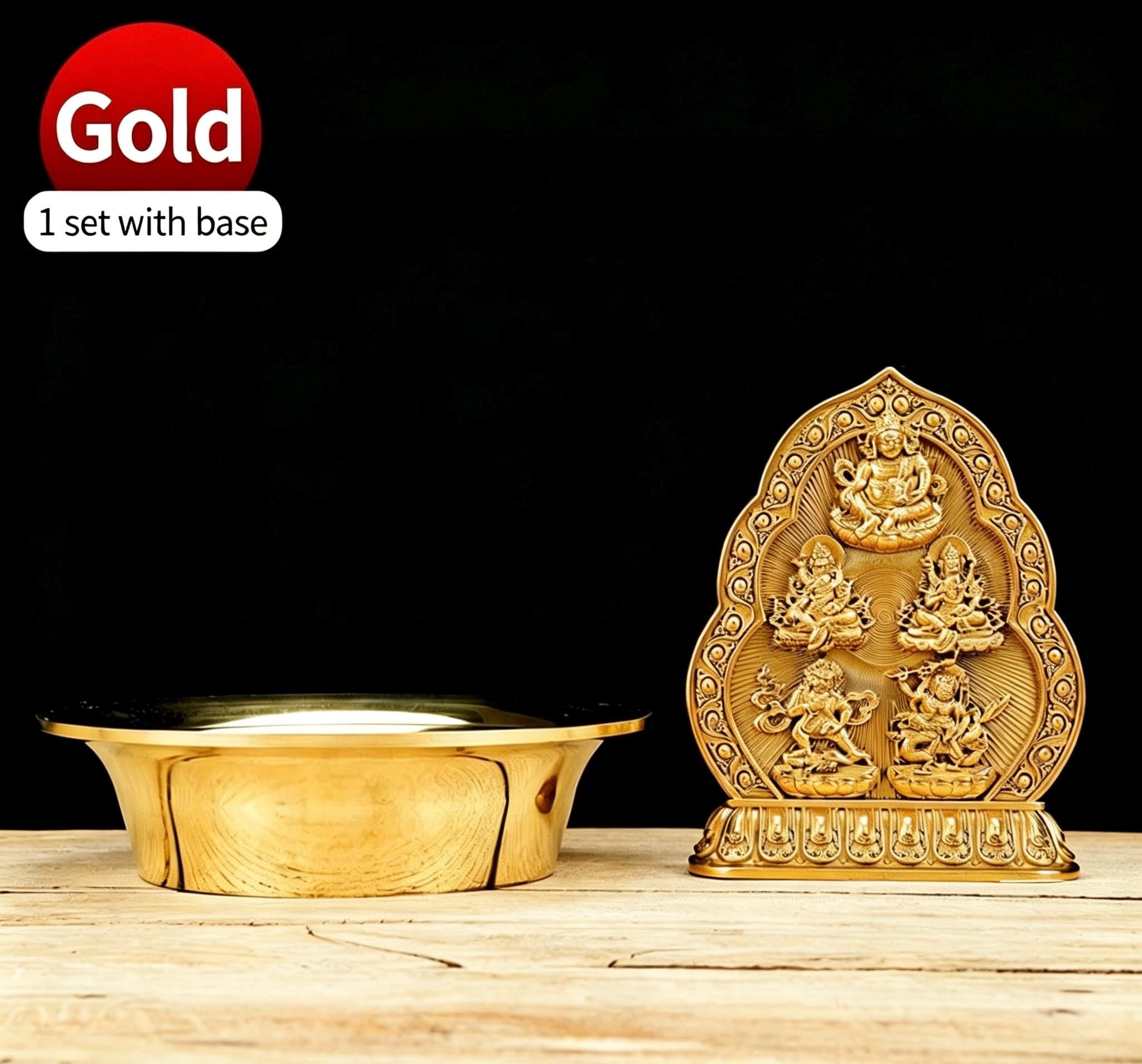 Five Wealth Gods Brass Offering Bowl Set, Buddhist Water Cups for Altar, Yellow Jambhala Puja Supplies, Zen Home Decor, Feng Shui Gift